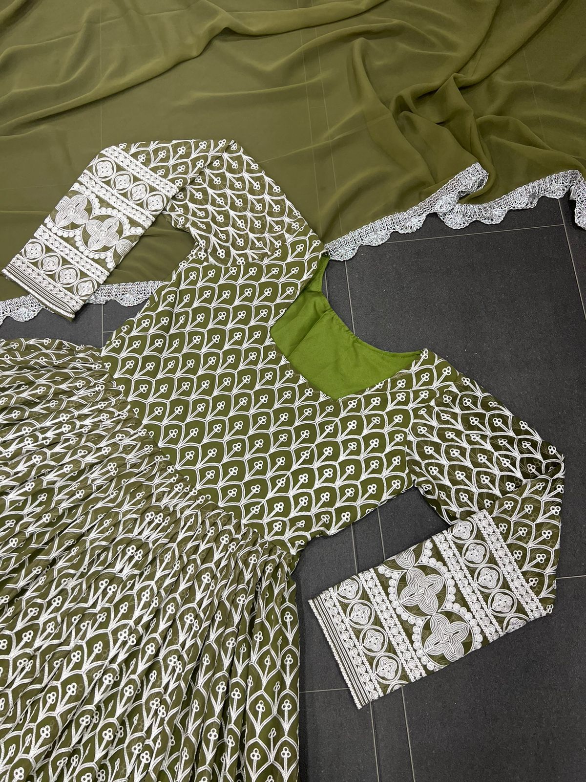 Georgette Chainstiched Worked Full Stiched Suit And Beautiful Duppata With Four Side Lace Border