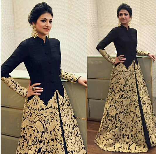 Adorable Black Color Ready Made Silk Thread Work Festive Wear Salwar Suit