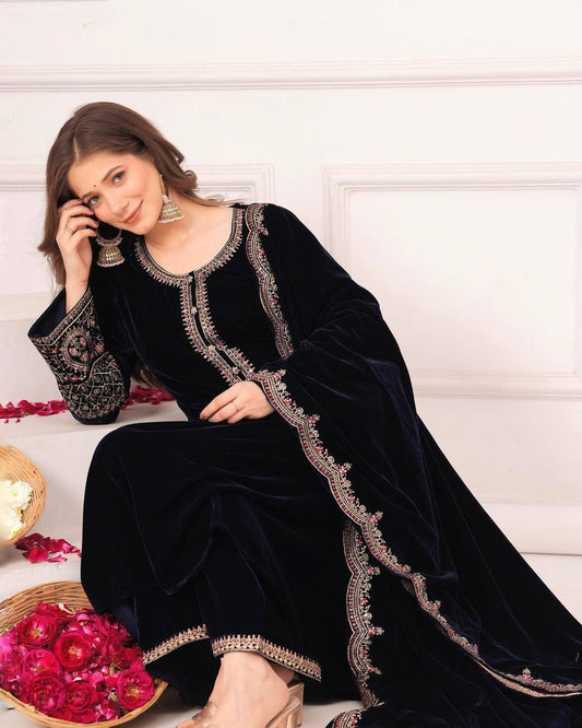 Black Velvet Embroidered Full Stitched Salwar Suit For Women