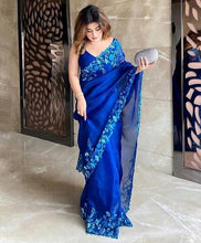 Load image into Gallery viewer, Lovely Royal Blue Organza Silk Multi Thread Cut Work Designer Saree Blouse
