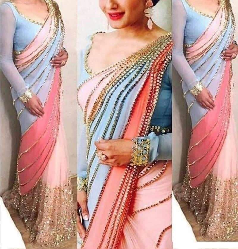 Lovely Sky Blue Color Georgette Sequence Embroidered Work Saree Blouse