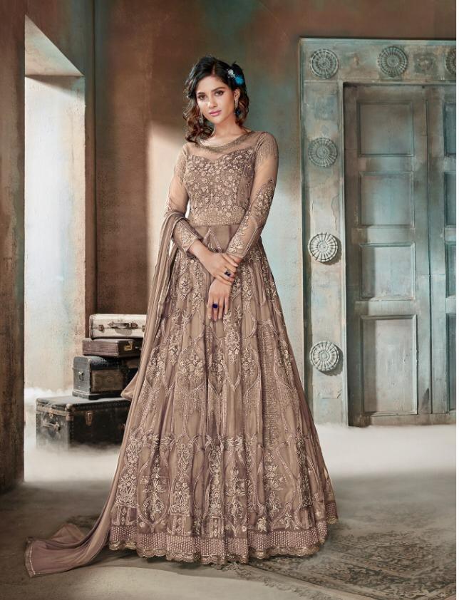 Classic Copper Color Net Diamond Work Function Wear Salwar Suit Design