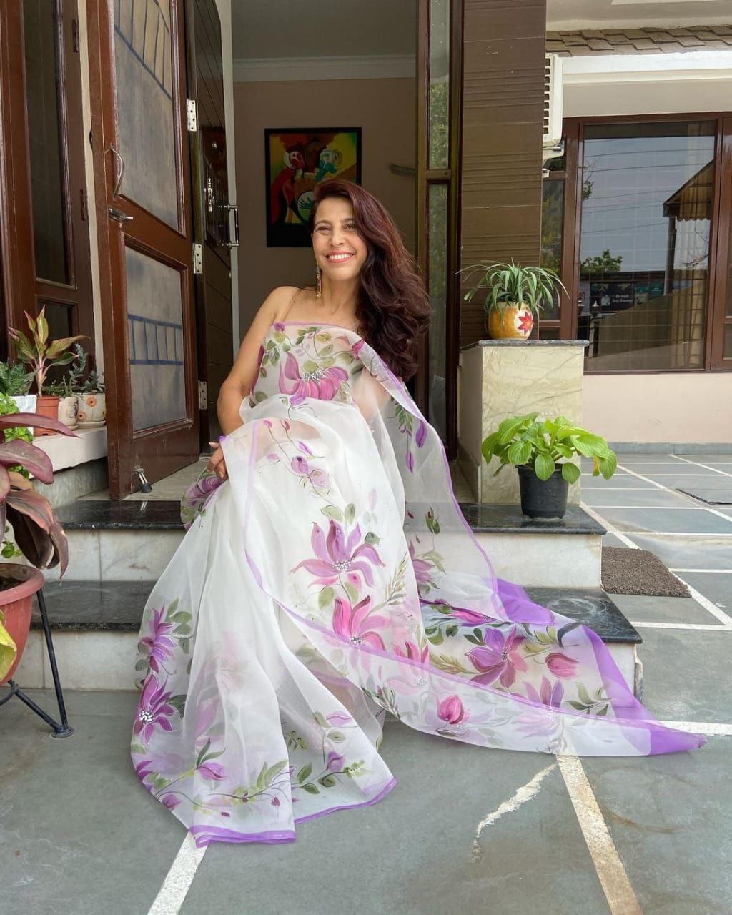 Amazing White Purple Soft Organza Silk with Rich Digital Printed Saree For Party Wear