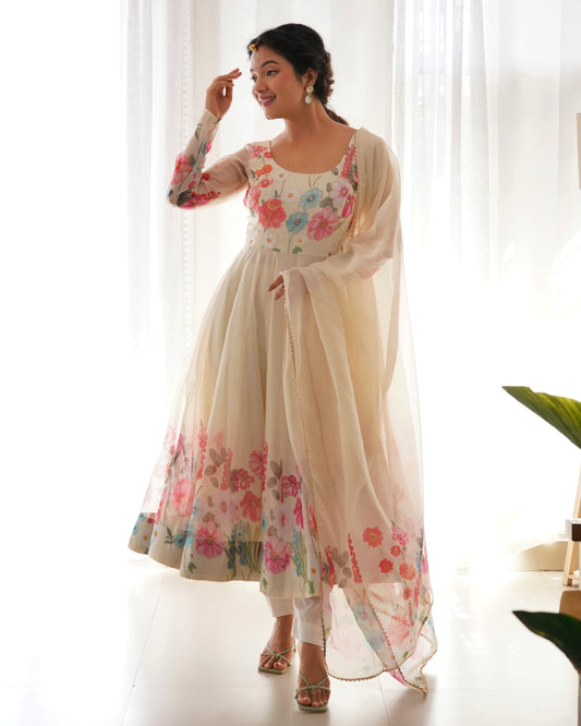 Ivory Soft Organza Silk Printed Anarkali Gown Set Pant Dupatta