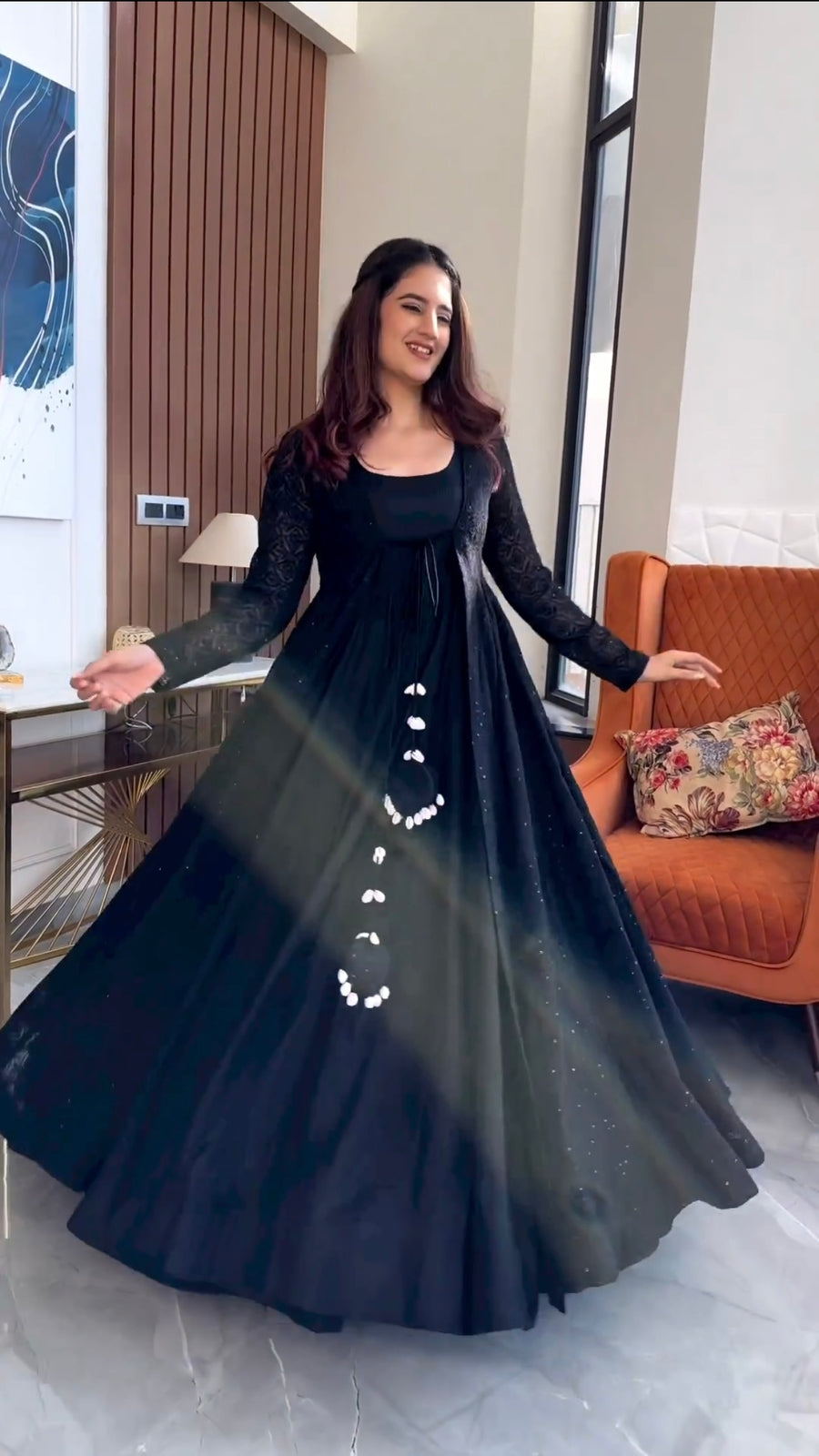 Beautiful Black Color Faux Georgette Anarkali Suit With Thred Work For Women