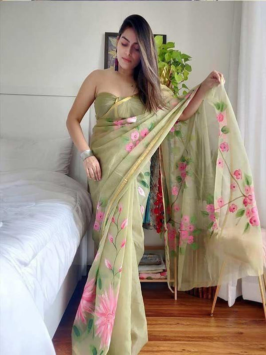 Gorgeous Green Soft Organza Silk with Digital Printed Saree Blouse