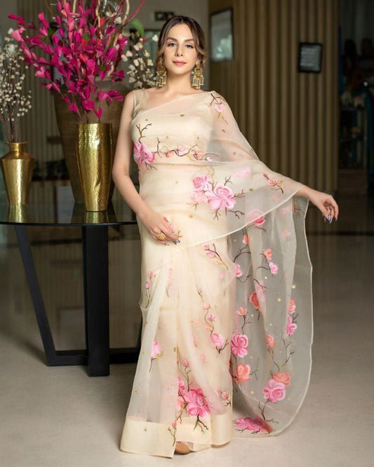 Decorative Cream Color Soft Organza Silk with Flowery Digital Printed Saree