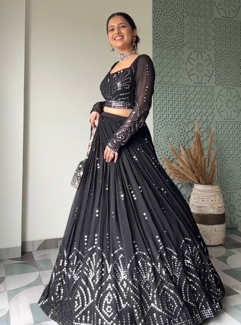 Party Wear Georgette Black Color Lahenga With Embroidered Sequence Work For Ladies