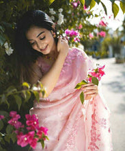 Load image into Gallery viewer, Stylish Baby Pink Color Organza Embroidered Pearl Work Saree
