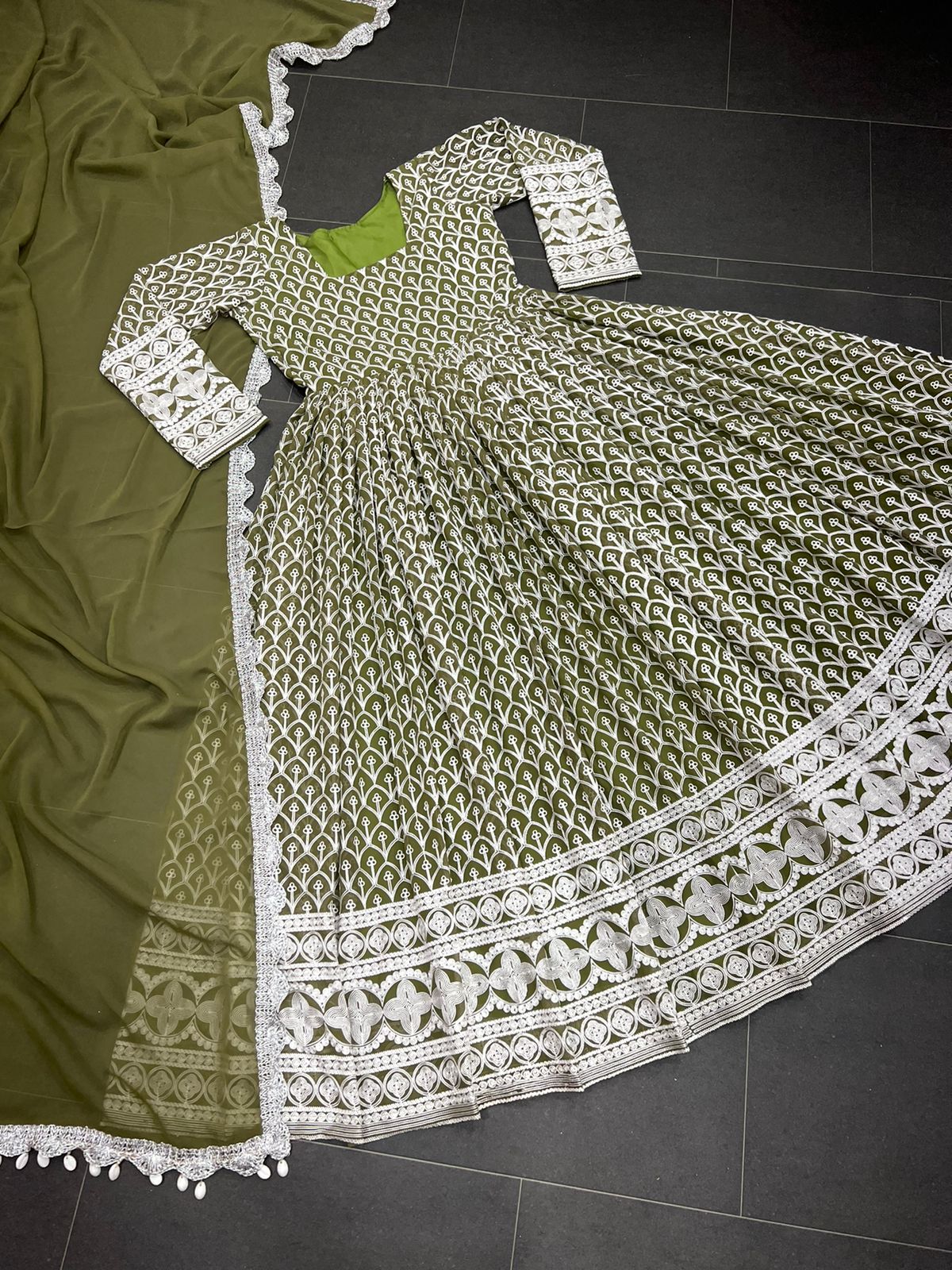 Georgette Chainstiched Worked Full Stiched Suit And Beautiful Duppata With Four Side Lace Border