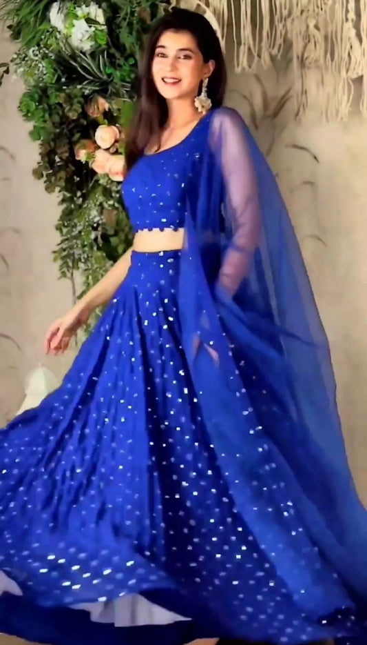 New Festival Wear Royal Blue Colour Georgette Semi Stiched Embroidary And Sequence Worked Lehanga Choli Collection With Soft Net Duppata