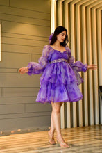 Load image into Gallery viewer, Purple Colour Organza Silk Digital Printed Double Layer One Pis Top With Belt And Hair Bend
