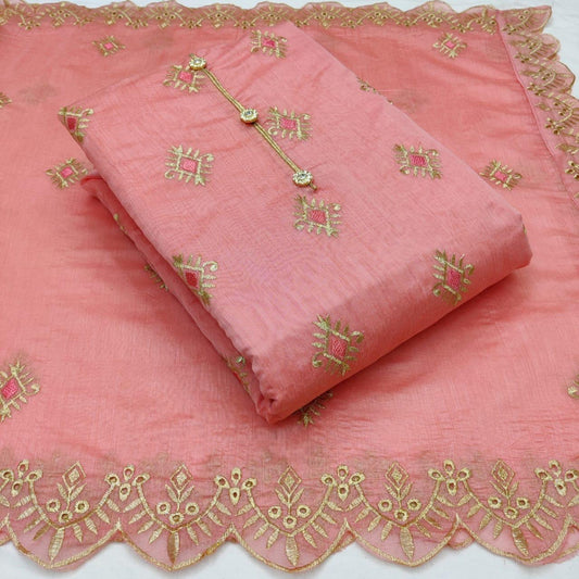 Peach color Chanderi Silk Embroidered Unstitched Dress Material