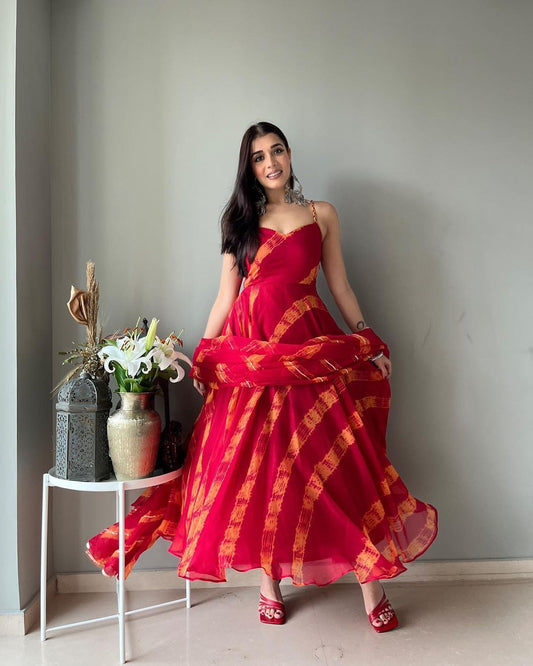 Fancy Red Colour Georgette Printed  Full Stiched Suit With Printed Duppata And Plain Salwar
