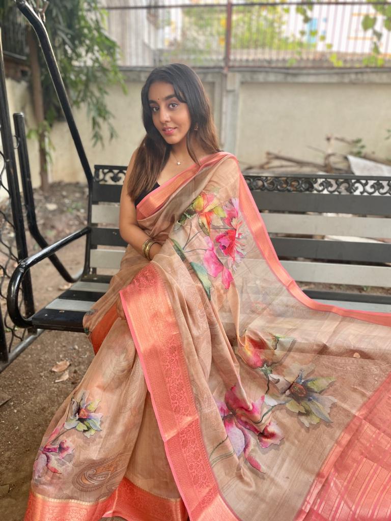 Flower Printed Pure Organza Silk Weaving Pallu Saree Blouse