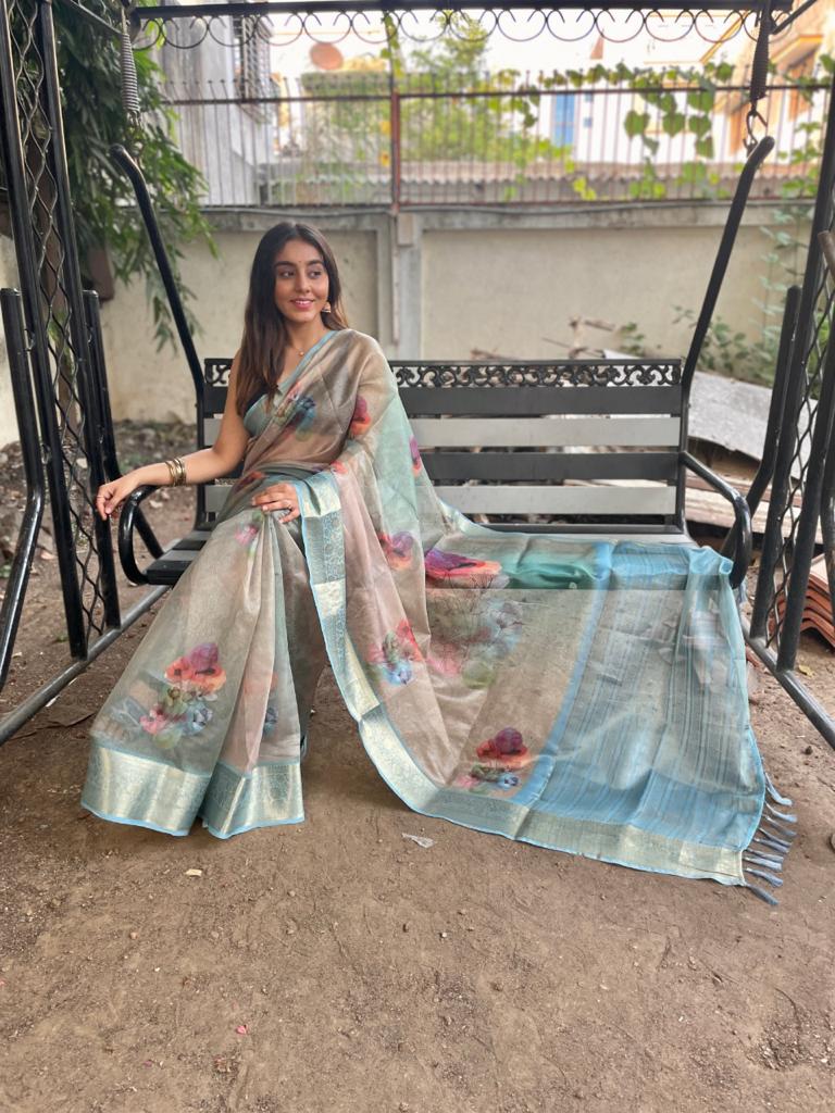 Flower Printed Pure Organza Silk Weaving Pallu Saree Blouse
