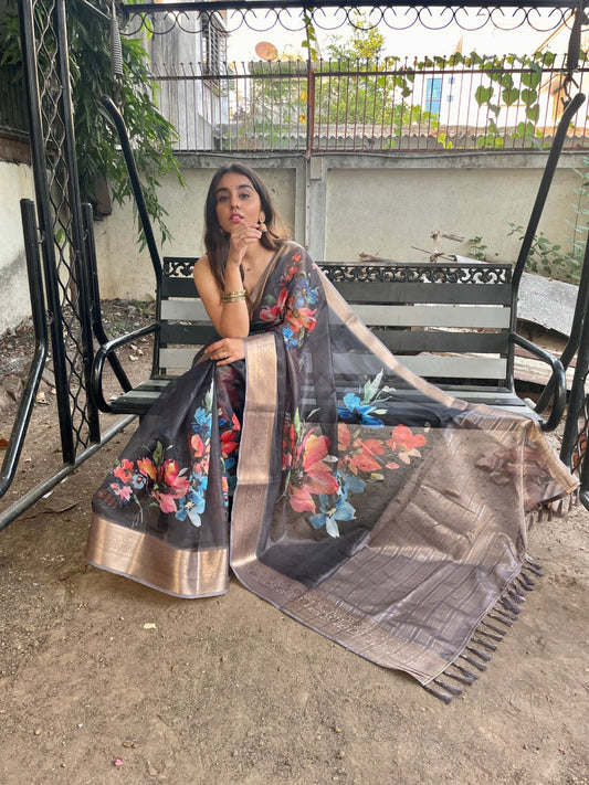 Flower Printed Pure Organza Silk Weaving Pallu Saree Blouse