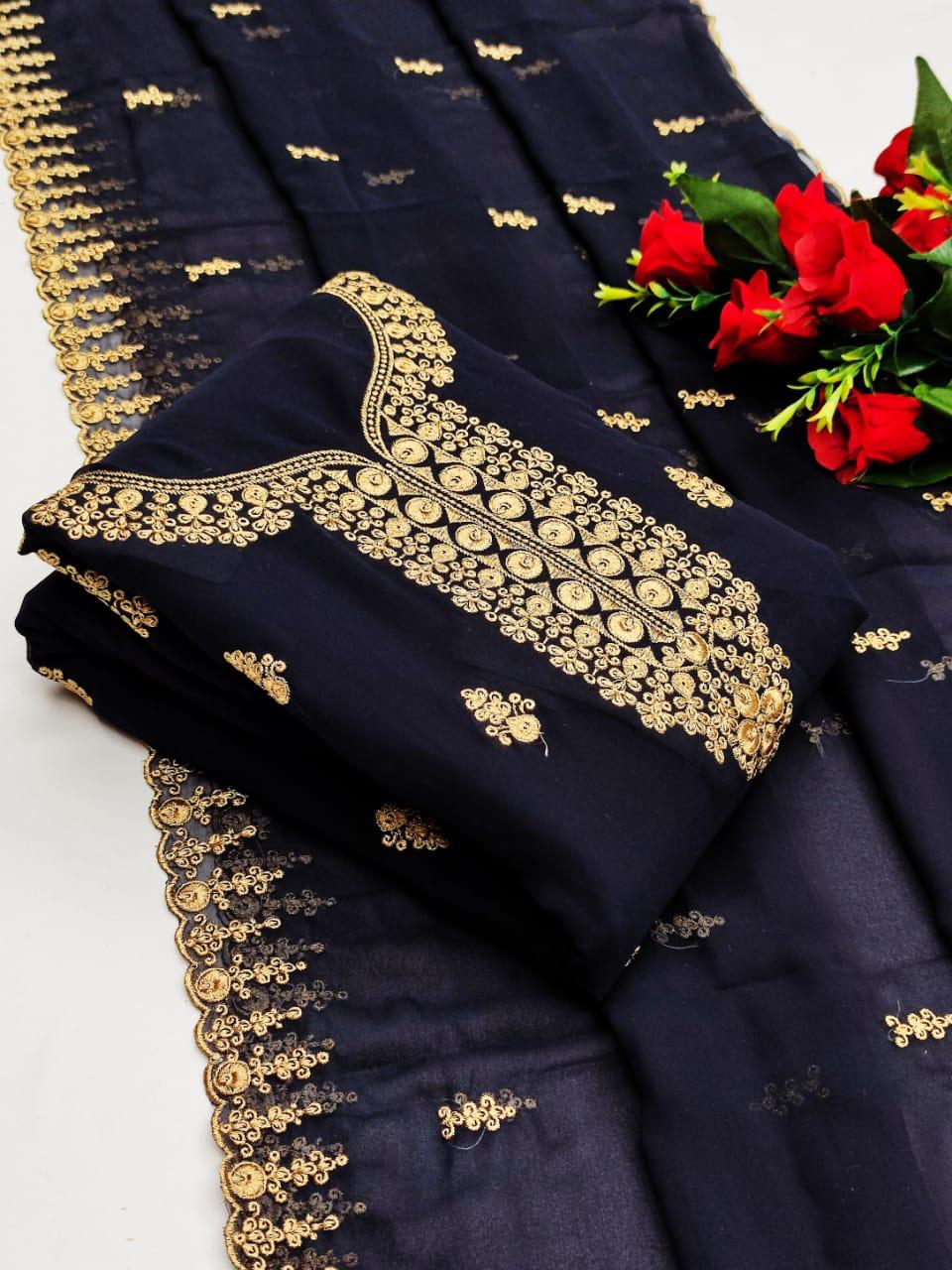 Fabulous Navy Blue Color Fancy Georgette Embroidered Work Lace Salwar Suit For Ladies