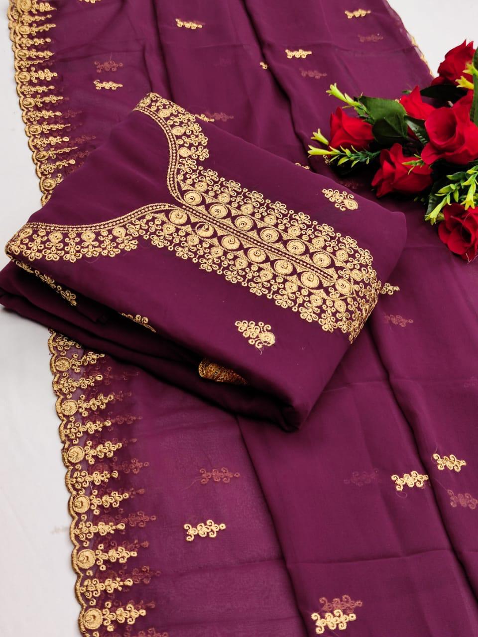 Preferable Wine Color Designer Embroidered Work Georgette Salwar Suit