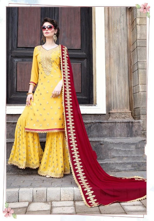 Awesome Yellow Color Embroidered Work Festive Wear Georgette Salwar Suit