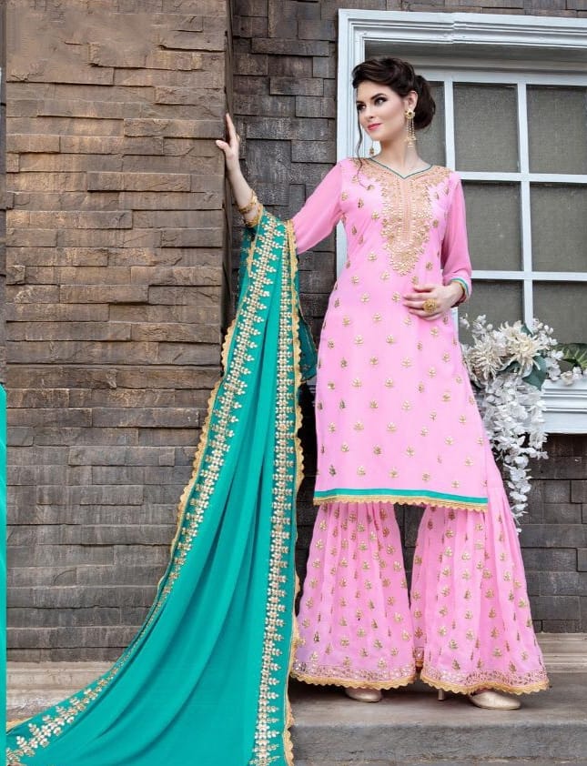 Preferable Pink Color Georgette Gotta Patti Work Salwar Suit For Festival Wear