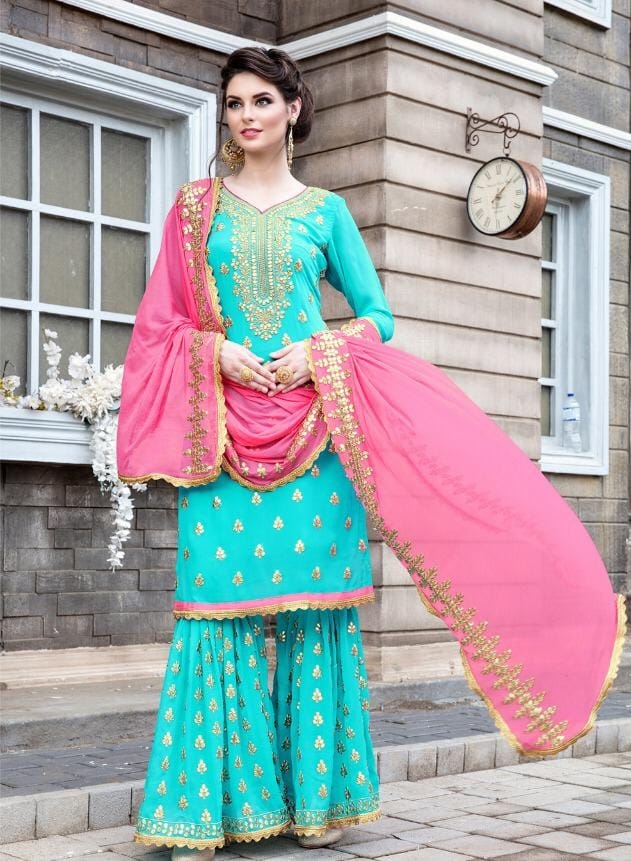 Fantastic Blue Color Embroidered Work Georgette Salwar Suit For Ladies