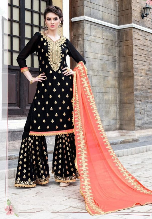 Unique Black Color Georgette Embroidered Work Salwar Suit For Festive Wear