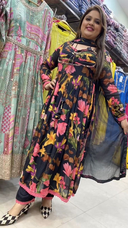 Black Color Chinon Silk Printed Ready to Wear Gown For Girls