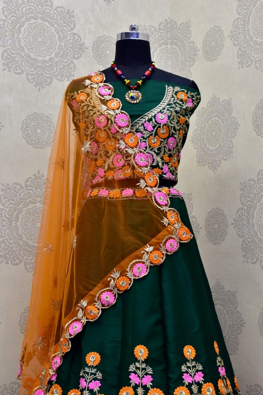 Hypnotic Bottle Green Color Function Wear Banglori Silk Design Embroidered Work Lehenga Choli