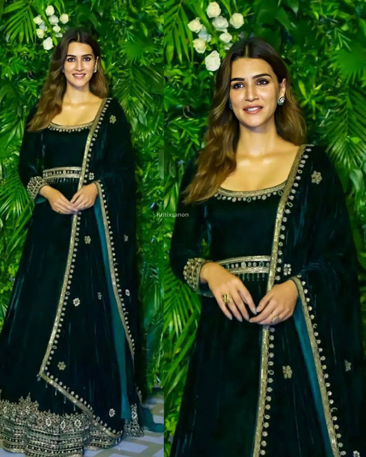 Green Velvet Embroidered Full Stitched Designer Gown