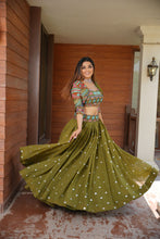 Load image into Gallery viewer, Koti Style Mehendi Green Georgette Sequence Work Readymade Lehenga Choli
