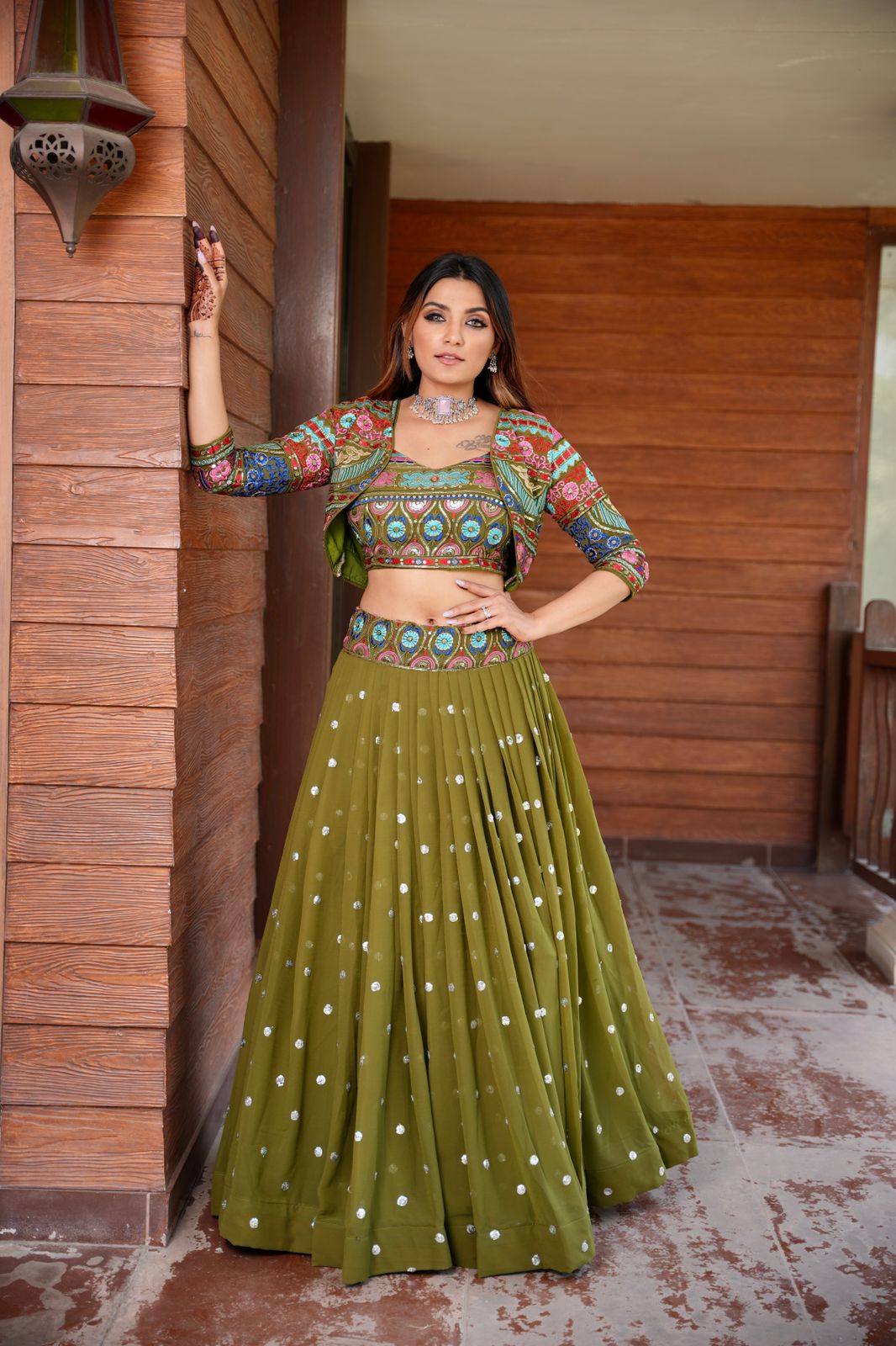 Buy Olive Green Embroidery Work Lehenga Choli With Koti