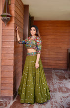 Load image into Gallery viewer, Koti Style Mehendi Green Georgette Sequence Work Readymade Lehenga Choli
