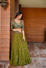 Load image into Gallery viewer, Koti Style Mehendi Green Georgette Sequence Work Readymade Lehenga Choli
