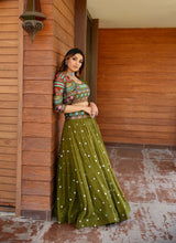 Load image into Gallery viewer, Koti Style Mehendi Green Georgette Sequence Work Readymade Lehenga Choli
