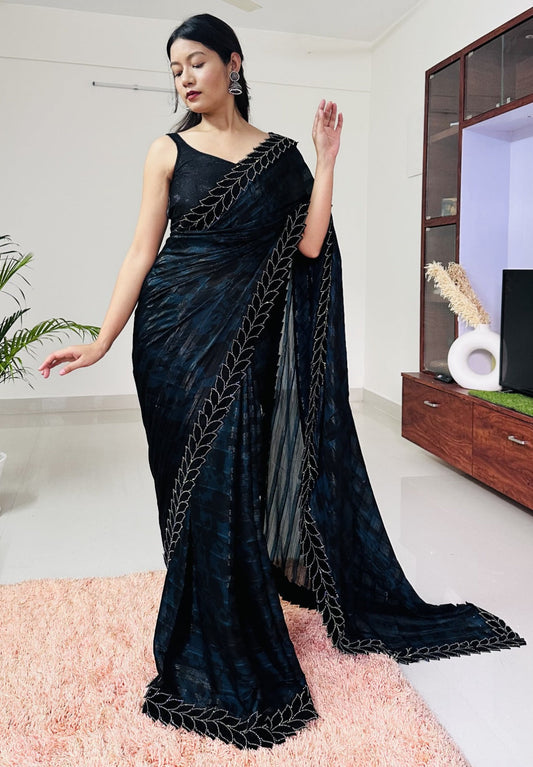 Designer Moss Zari Chiffon With Digital Print Saree With Swarski Diamond Work Border