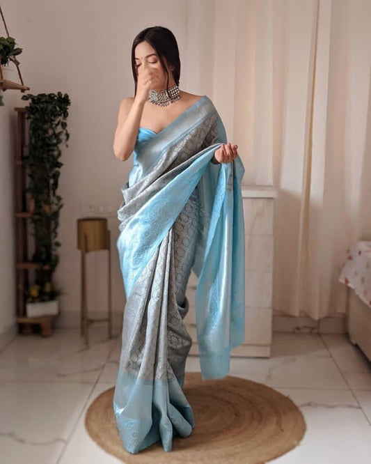 Striking Blue Color Kanchipuram Silk Weaving Lace Saree Blouse