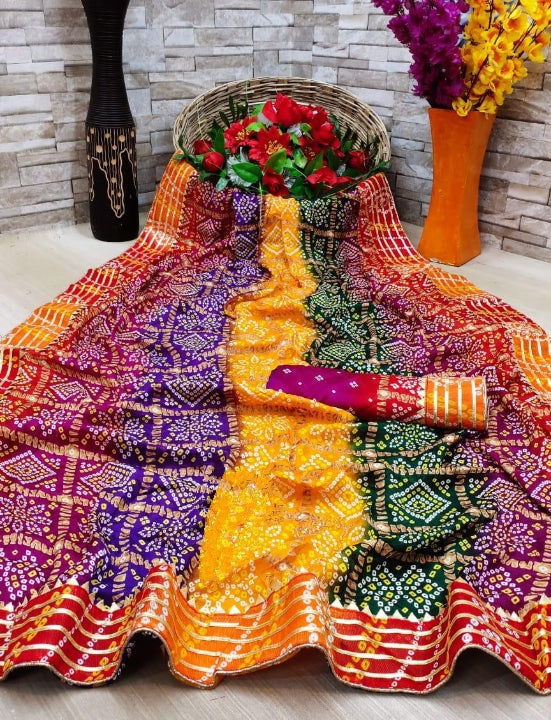 Preferable Multi Color Graceful Bandhani Printed Gotta Work Design Moss Chiffon Festive Wear Saree Blouse
