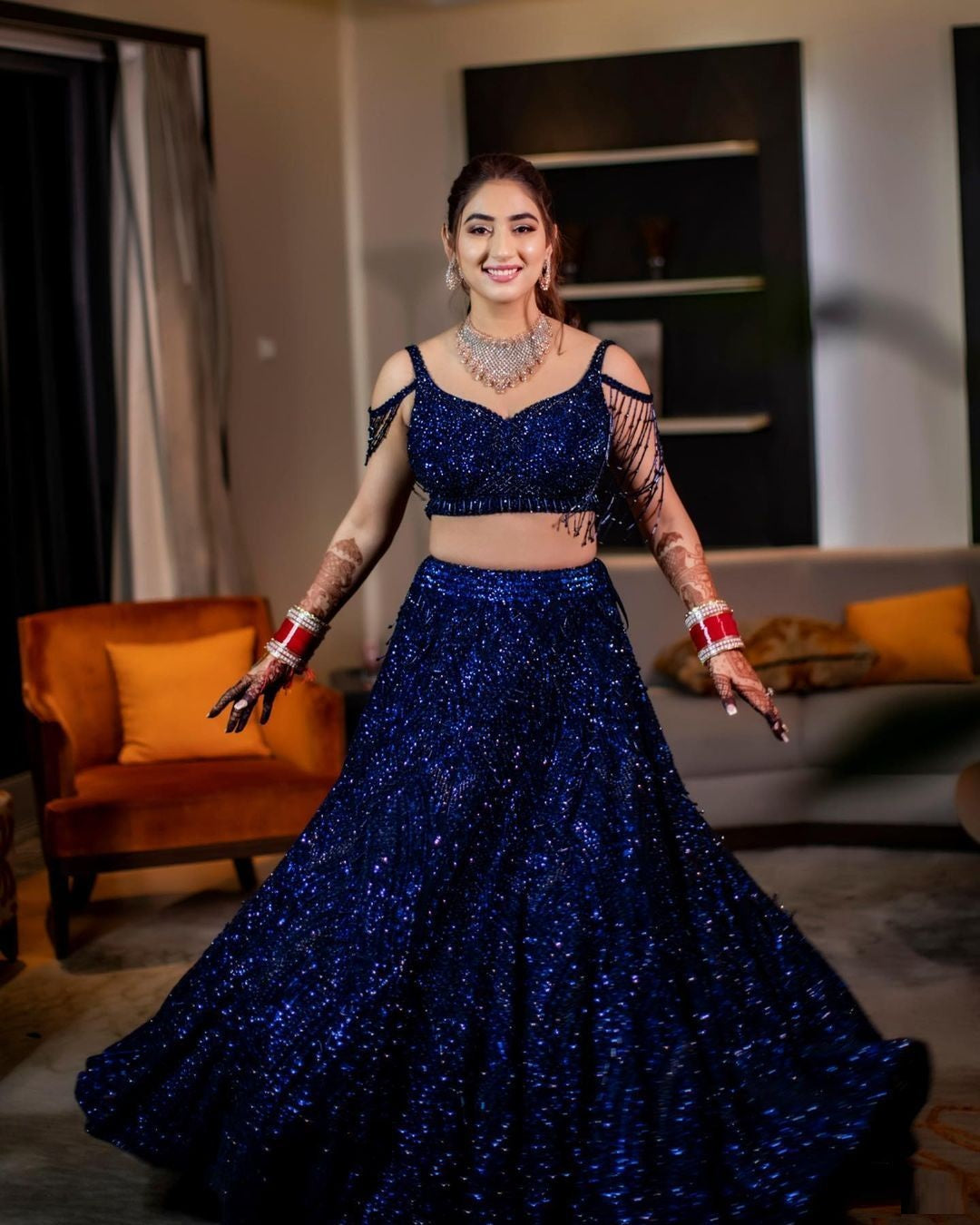 Wedding Wear Blue Velvet Sequence Work Lehenga Choli