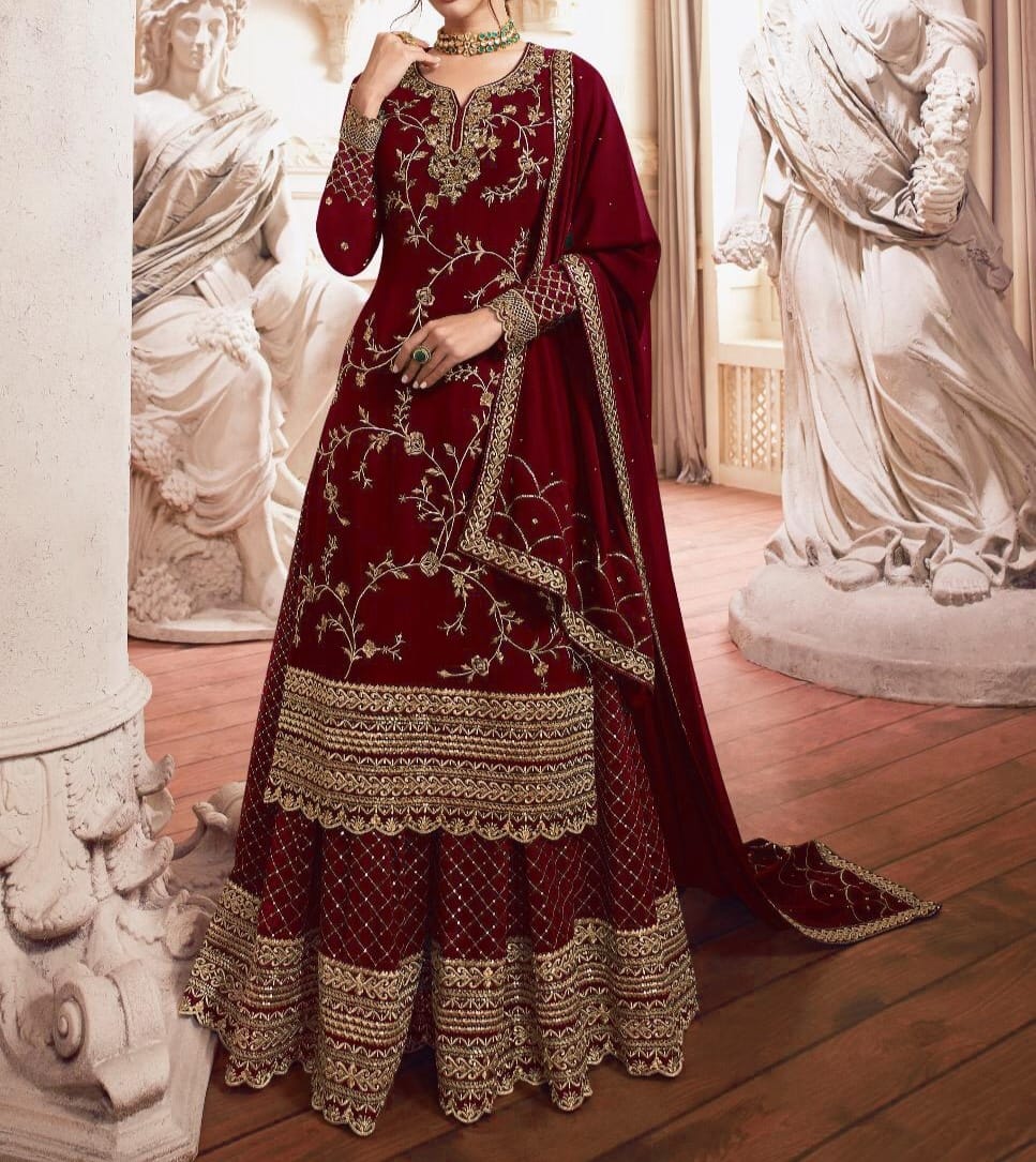 Flattering Maroon Color Sequence Work Georgette Wedding Wear Salwar Suit