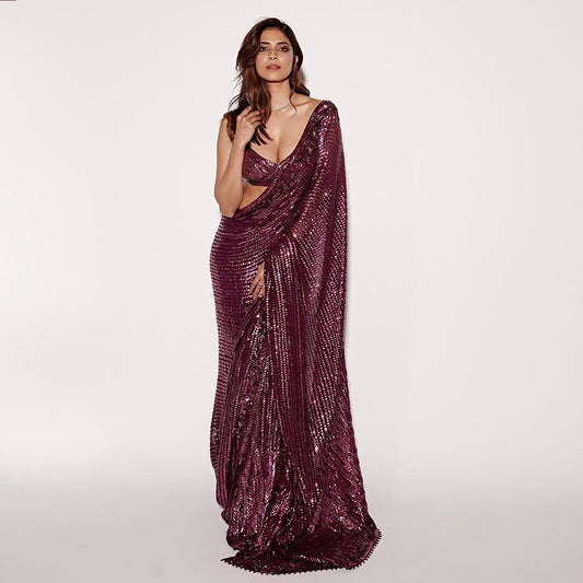 Party Wear Maroon Heavy Sequence Work Saree For Women