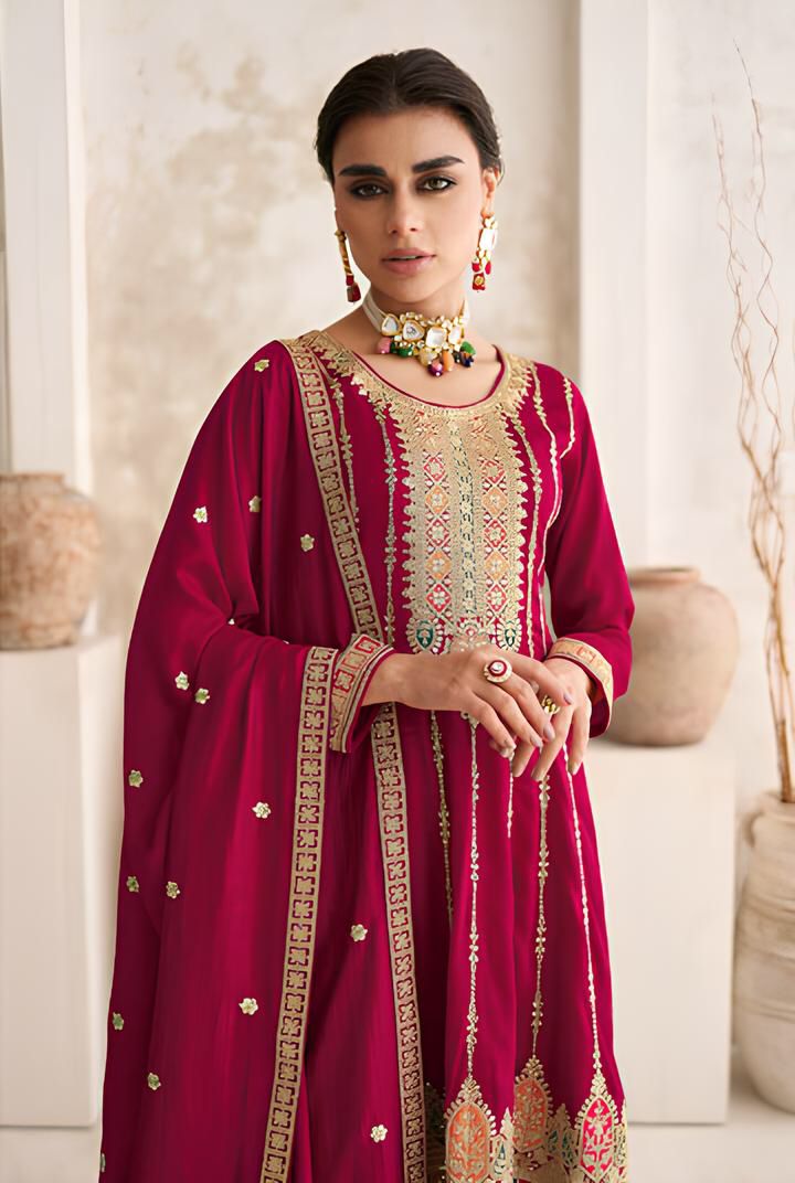 Beautiful Maroon Vichitra Silk Embroidered Full Stitched Suit