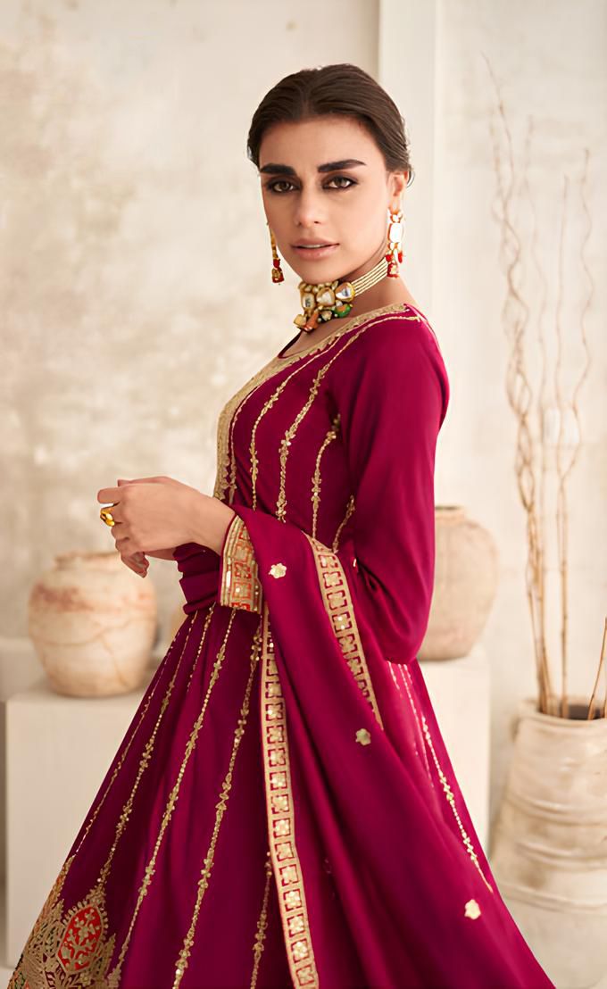 Beautiful Maroon Vichitra Silk Embroidered Full Stitched Suit