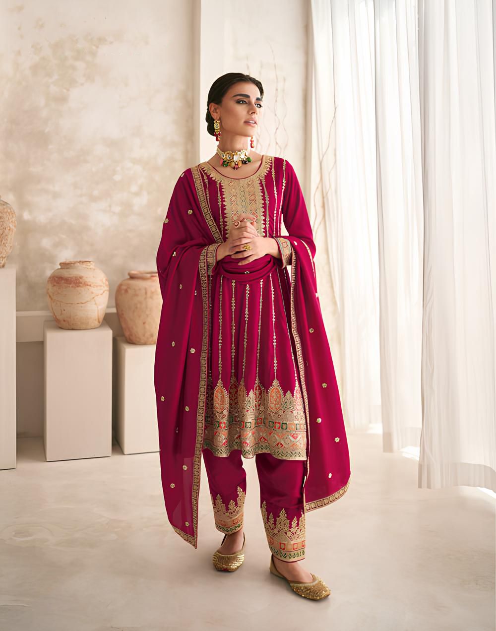 Beautiful Maroon Vichitra Silk Embroidered Full Stitched Suit