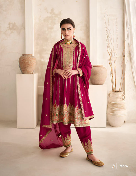 Beautiful Maroon Vichitra Silk Embroidered Full Stitched Suit