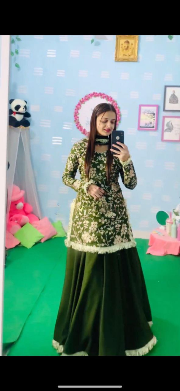 Mehndi Green Georgette Fully Stitched Lehenga Choli For Women