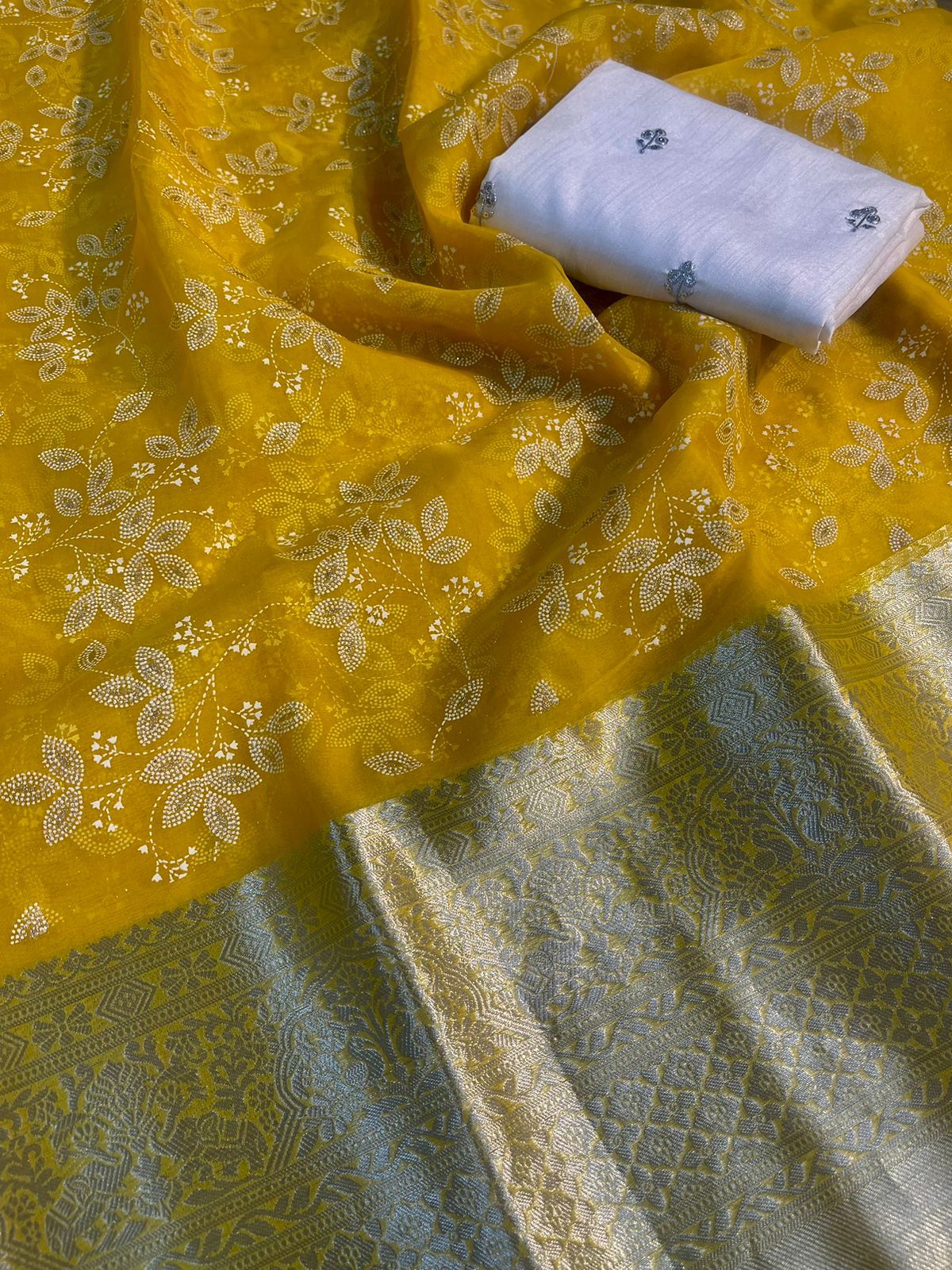 Beautiful Organza Jacqaurd Foil Pigment Work Saree