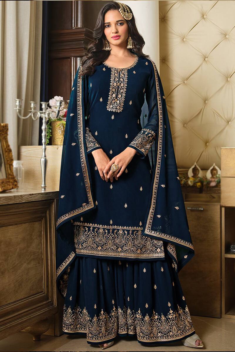 Designer Blue Jari Embroidered Full Stitched Sharara Suit