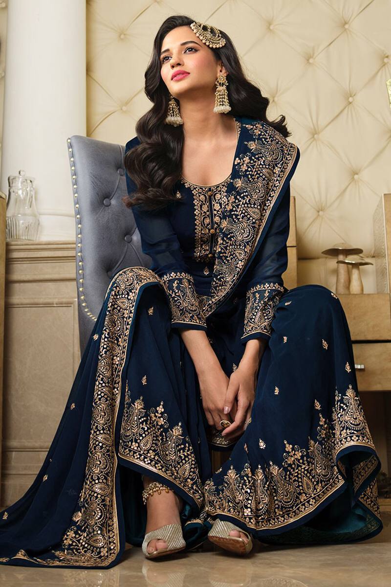 Designer Blue Jari Embroidered Full Stitched Sharara Suit