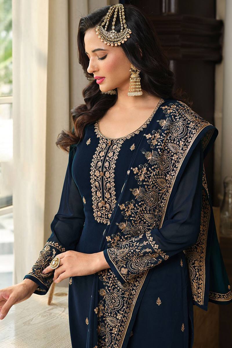 Designer Blue Jari Embroidered Full Stitched Sharara Suit